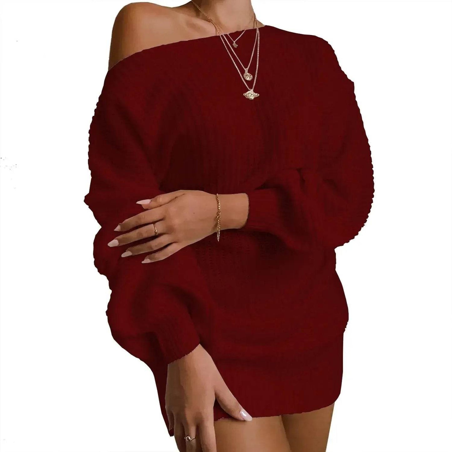 Autumn Winter Slant Shoulder Off Lantern sleeve Mini knitted wool sweater dress - Velora