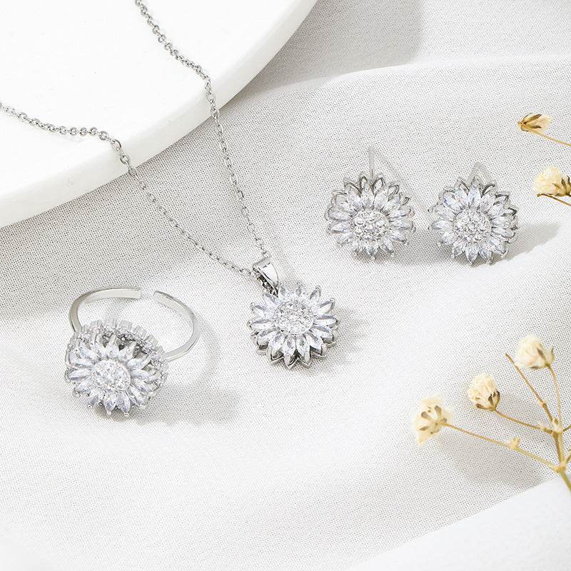 Classic Charm Sunflower Flower Stainless Steel Necklace Earrings Fashion Exquisite Micro Seed Jewelry Ring - Velora