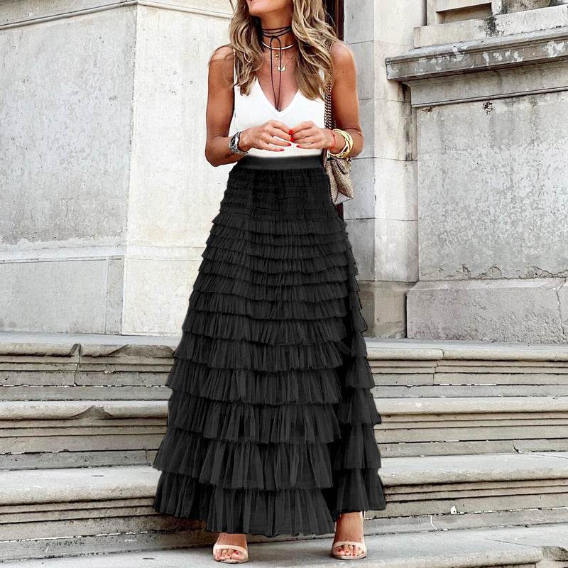 Layered Ruffles Cake Skirt Summer Fashion A Line Swing Mesh Long Skirt Party Dress Women - Velora