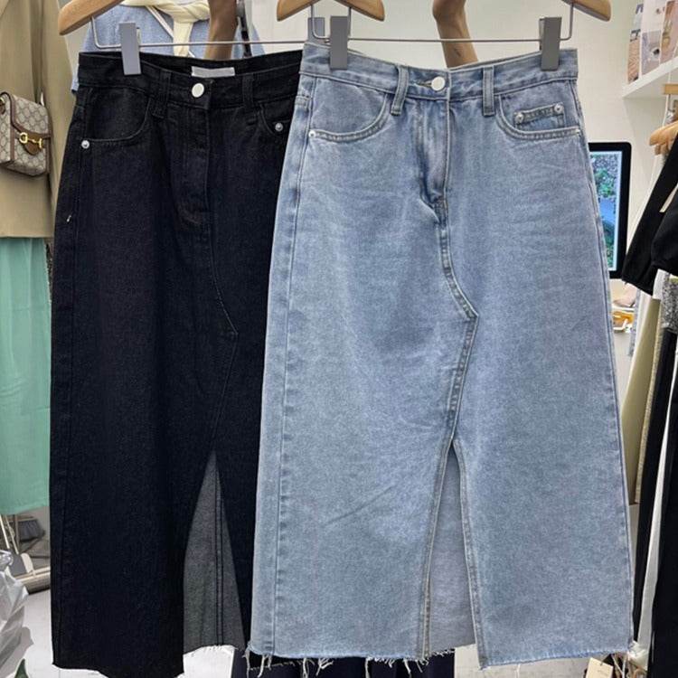 Casual Front Slit Dark Blue and Light Blue Denim Midi Skirt for women - Velora