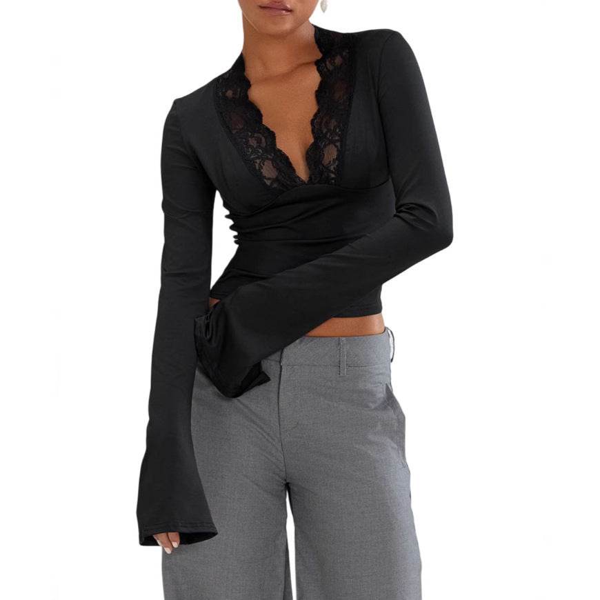 Slim V-neck Lace Ins Fashion Trumpet Sleeve Long-sleeved tank Top Women Clothing - Velora