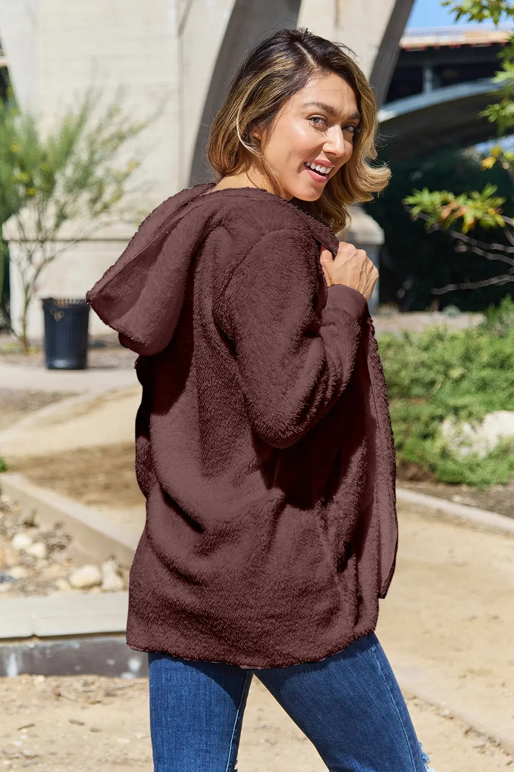 Full Size Teddy Hooded Jacket with Pockets - Velora