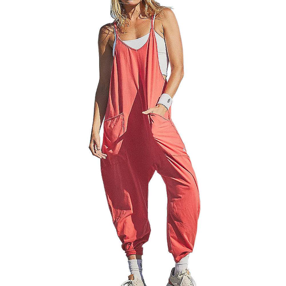 Summer Women's Loose Sleeveless Jumpsuits Spaghetti Strap Long Pant Romper Jumpsuit With Pockets Zipper - Velora
