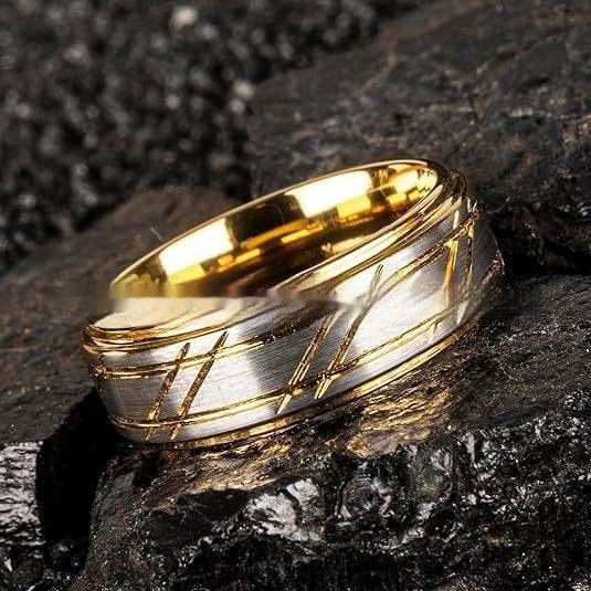 Men's Yellow Gold 8mm Simple Design Polished Twill Tungsten Ring - Velora