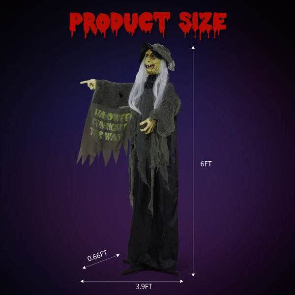 6ft Eye Red Light Vibration Witch Sound Voice Control, Standing Guiding Witch, Battery Model - Batteries Not Included, Halloween Standing Decoration - Velora