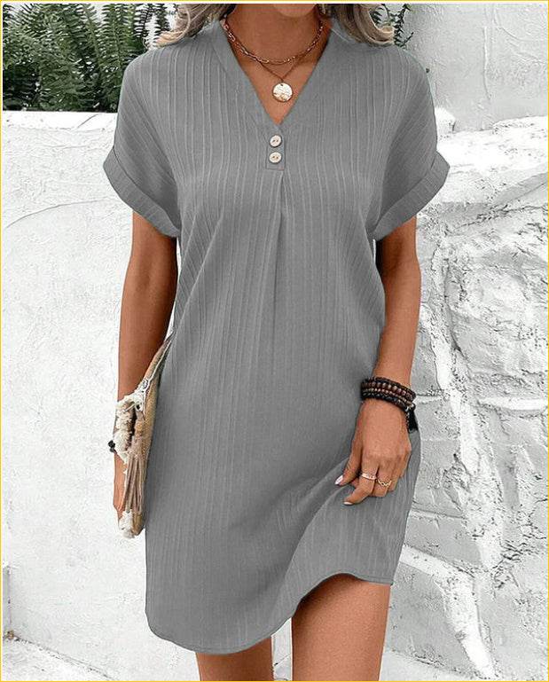 Fashion V-neck Short-sleeved Dress Casual Solid Strip Button Dresses Womens Clothing - Velora