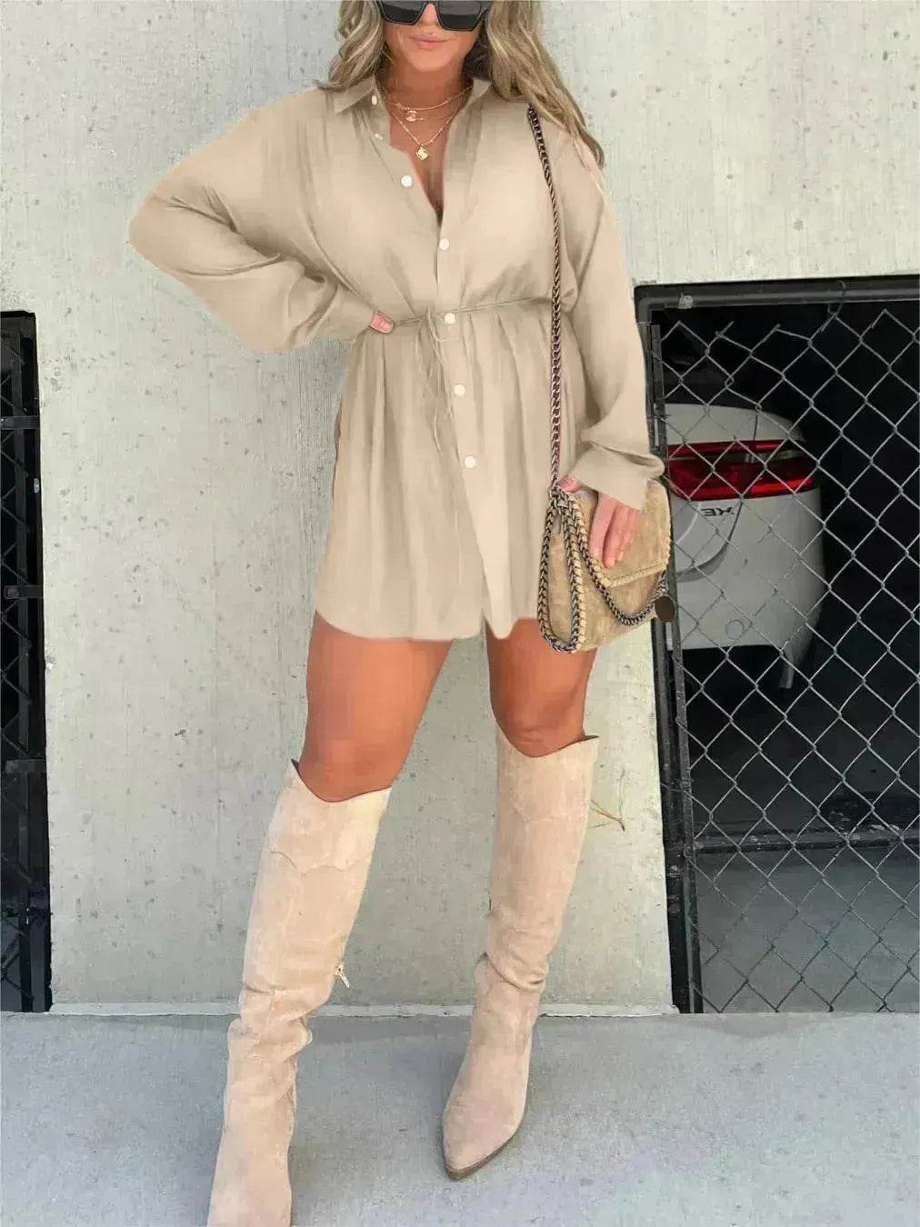 Elegant Women's Long Sleeve Button down Shirt Dress Fashionable Short Outfit Set Two piece Suit Set - Velora