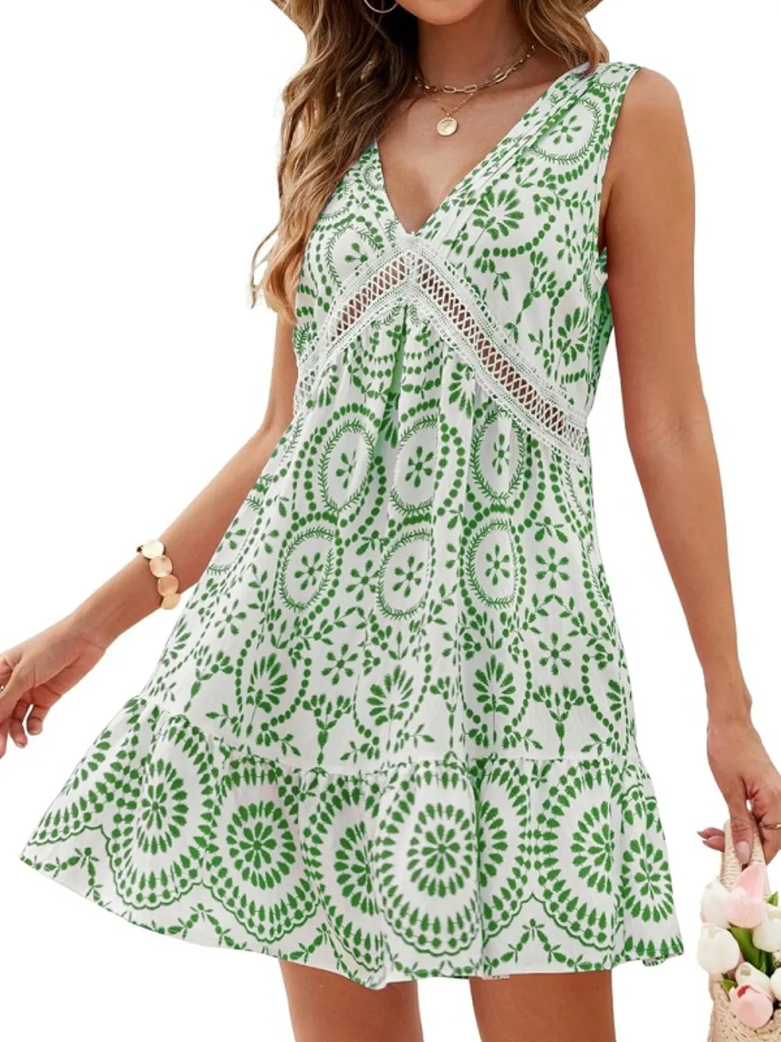 Printed V-Neck Sleeveless Mini Dress - Velora