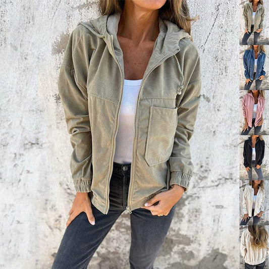 Corduroy Hooded Zip-up Jacket With Pockets Fashion Casual Drawstring Tops Outerwear Women's Clothing - Velora