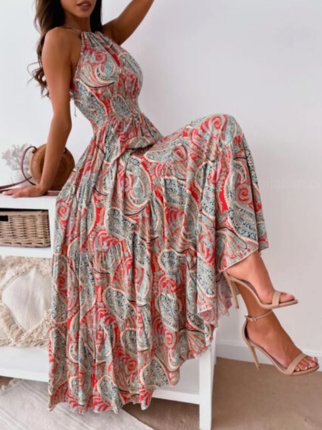 Printed Halter Neck Maxi Dress - Velora