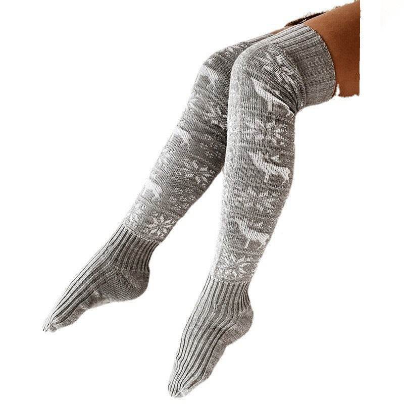 Winter Christmas Warm Knitted Women Stocking Beautiful Elk Snowflake Jacquard Over-the-knee Casual Long Socks For Ladies Gifts Free Size - Velora