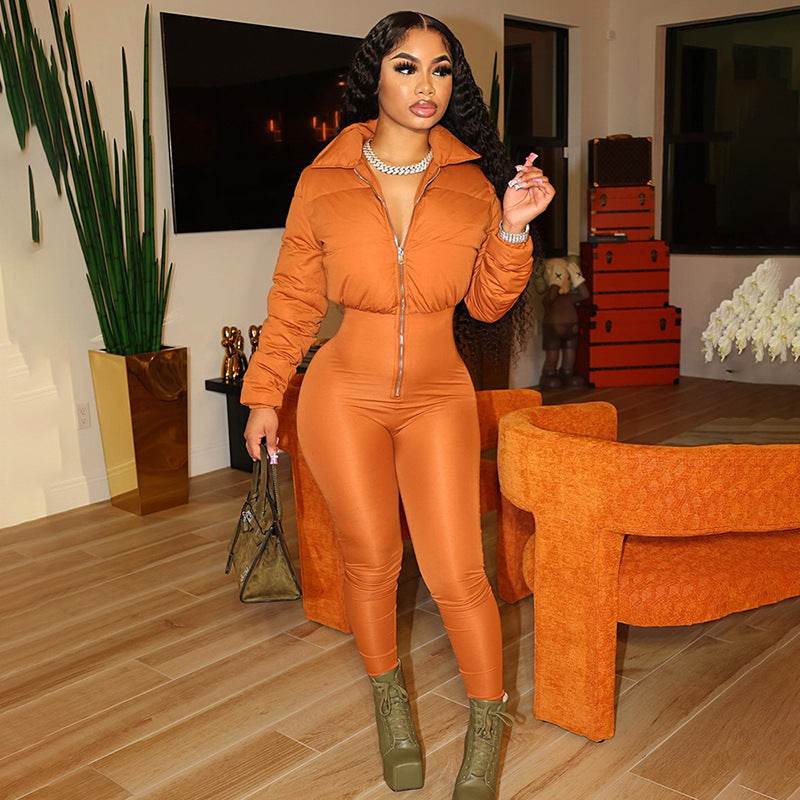 Fashion Stretch Pure Color Tight Zipper Thermal Cotton Suit One-piece Trousers - Velora