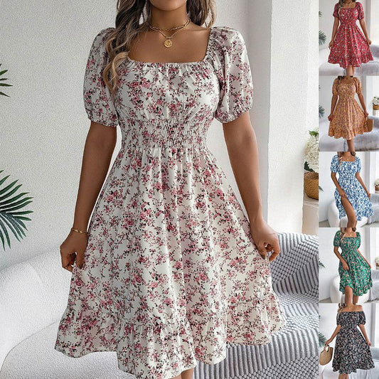 Floral Print Square Collar Dress Summer Fashion Ruffles Dresses Women's Clothing - Velora