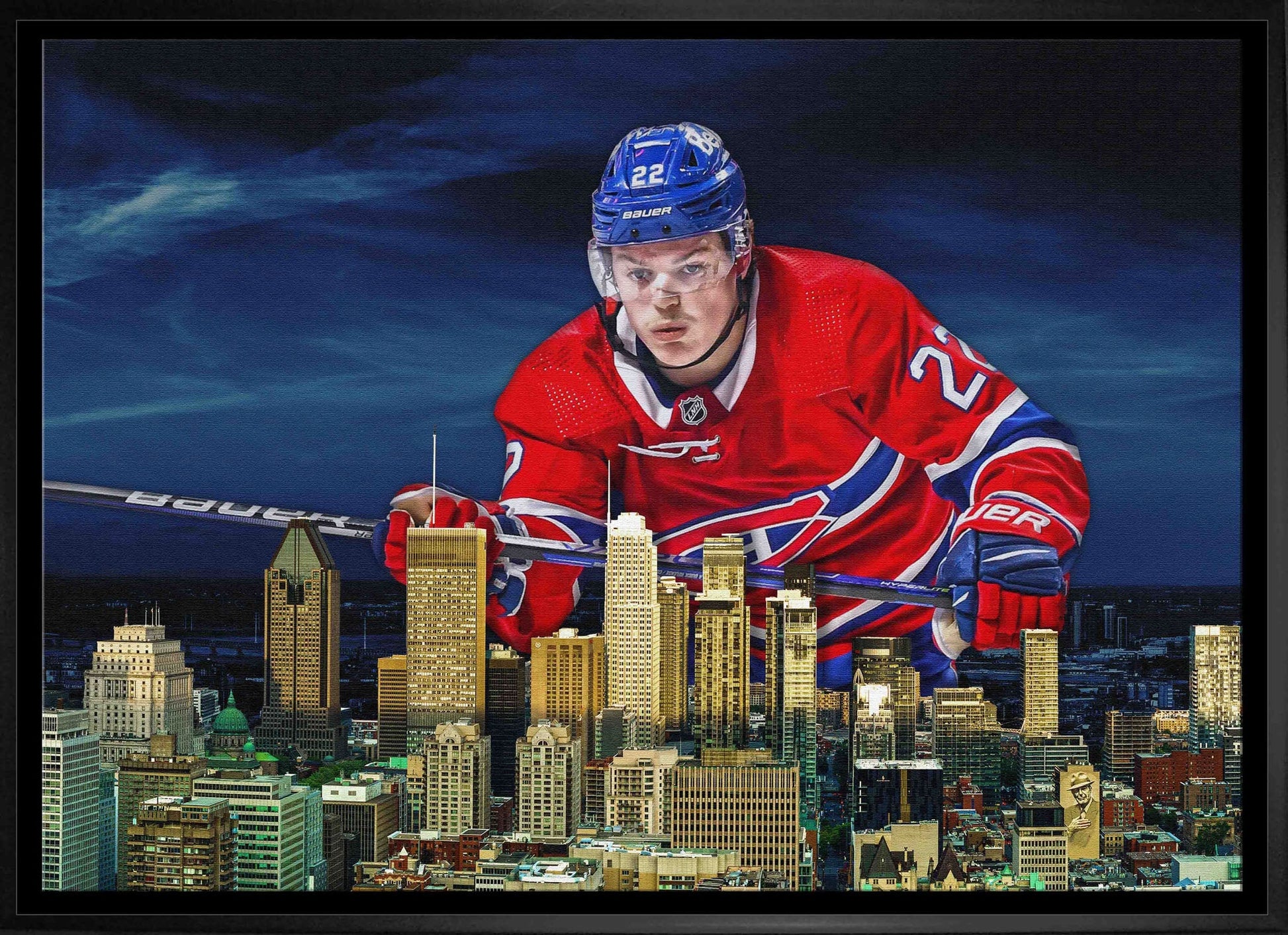 Cole Caufield 20x29 Canvas Framed Canadiens Skyline-H Frameworth Sports Marketing
