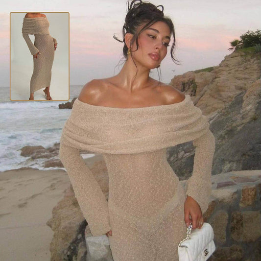 New One-shoulder Knitted Long-sleeved Dress Sexy Beach Holiday Long Dresses Womens Clothing - Velora