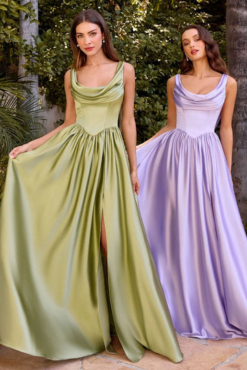 Pleated neckline, thin straps & leg slit