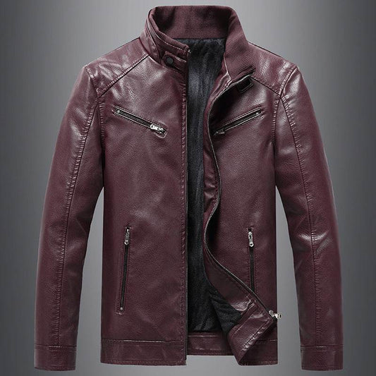 Men's Fleece Padded Coat Casual Korean-style Stand Collar PU Leather Jacket Trendy Youth - Velora
