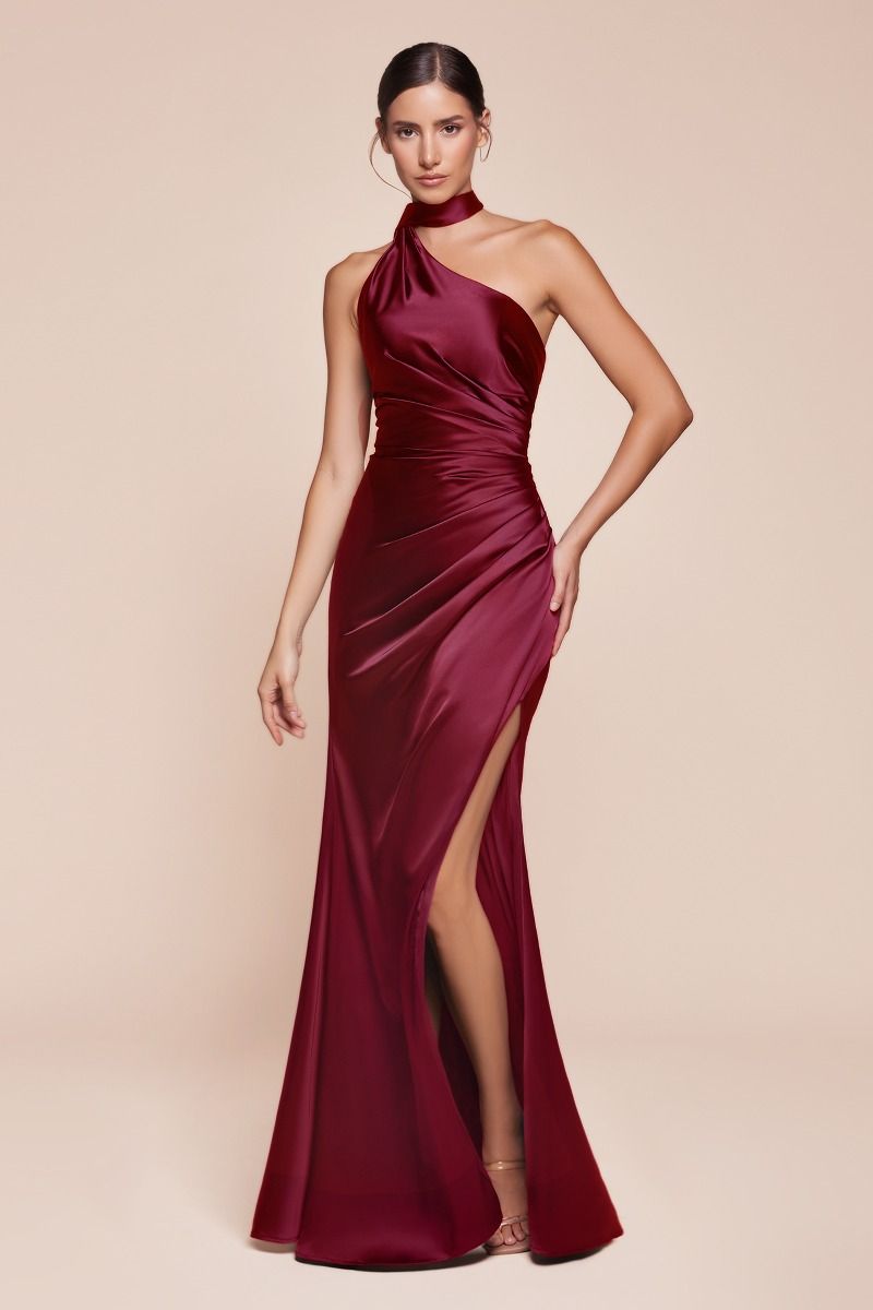 One shoulder neckline, gathered waistline & leg slit
