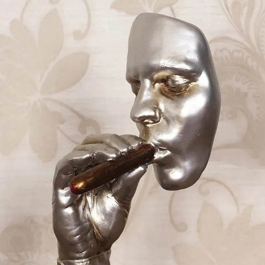 Retro Meditators Abstract Sculpture Man Smoking Cigar Face Statue. - Velora