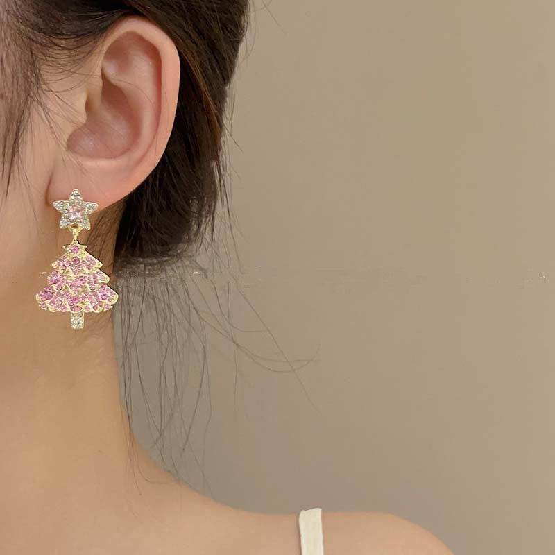 New Design Sweet Christmas Tree Earrings For Women Light Luxury Sparkling Zircon Dangle Earring Xmas Holiday Party Jewelry - Velora