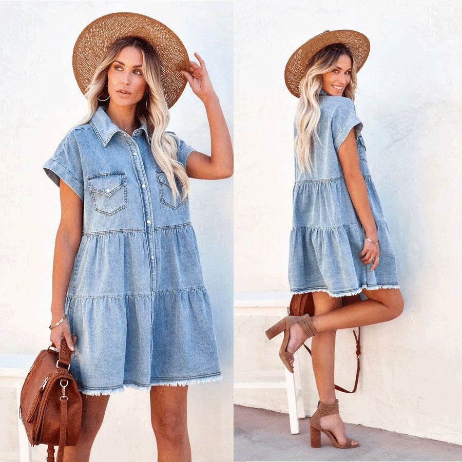 Casual Fashion Denim Short Sleeve loose mini Dress - Velora