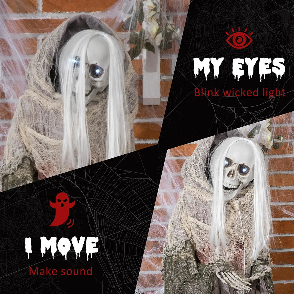 74inch Life Size Outdoor Halloween Decorations Skeleton Witch, Sound And Motion Activated Animated Prop Animatronic Decor With Light Up Eyes, Spooky Sound EX-STOCK Canada