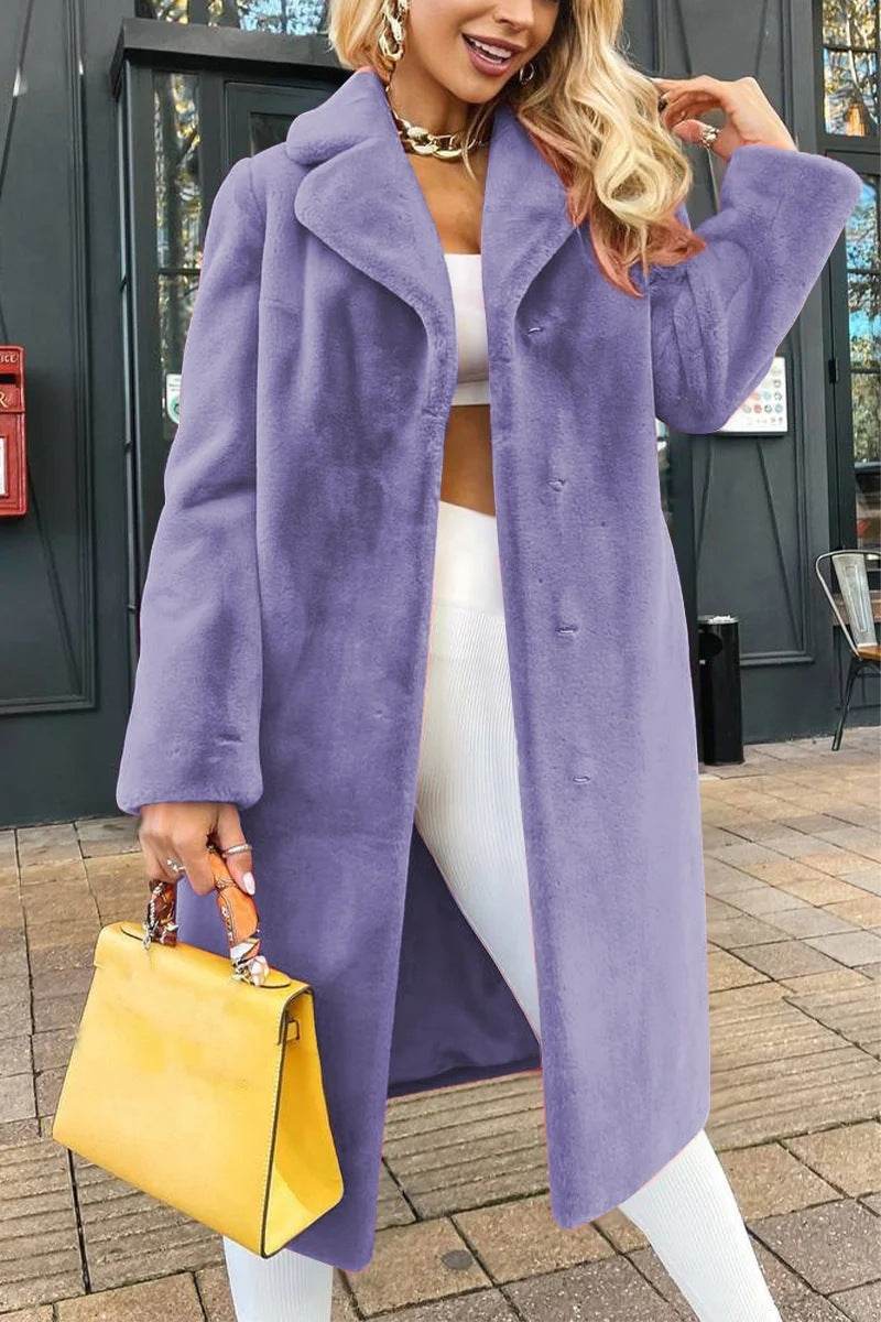 Women's Fashionable Elegant Lace-up Turn-down Collar Plush Long Coat - Velora
