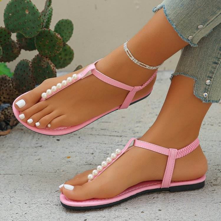 Pearl Thong Sandals Summer Fashion T-Strap Flat Sandals With Elastic Band Beach Shoes For Women - Velora