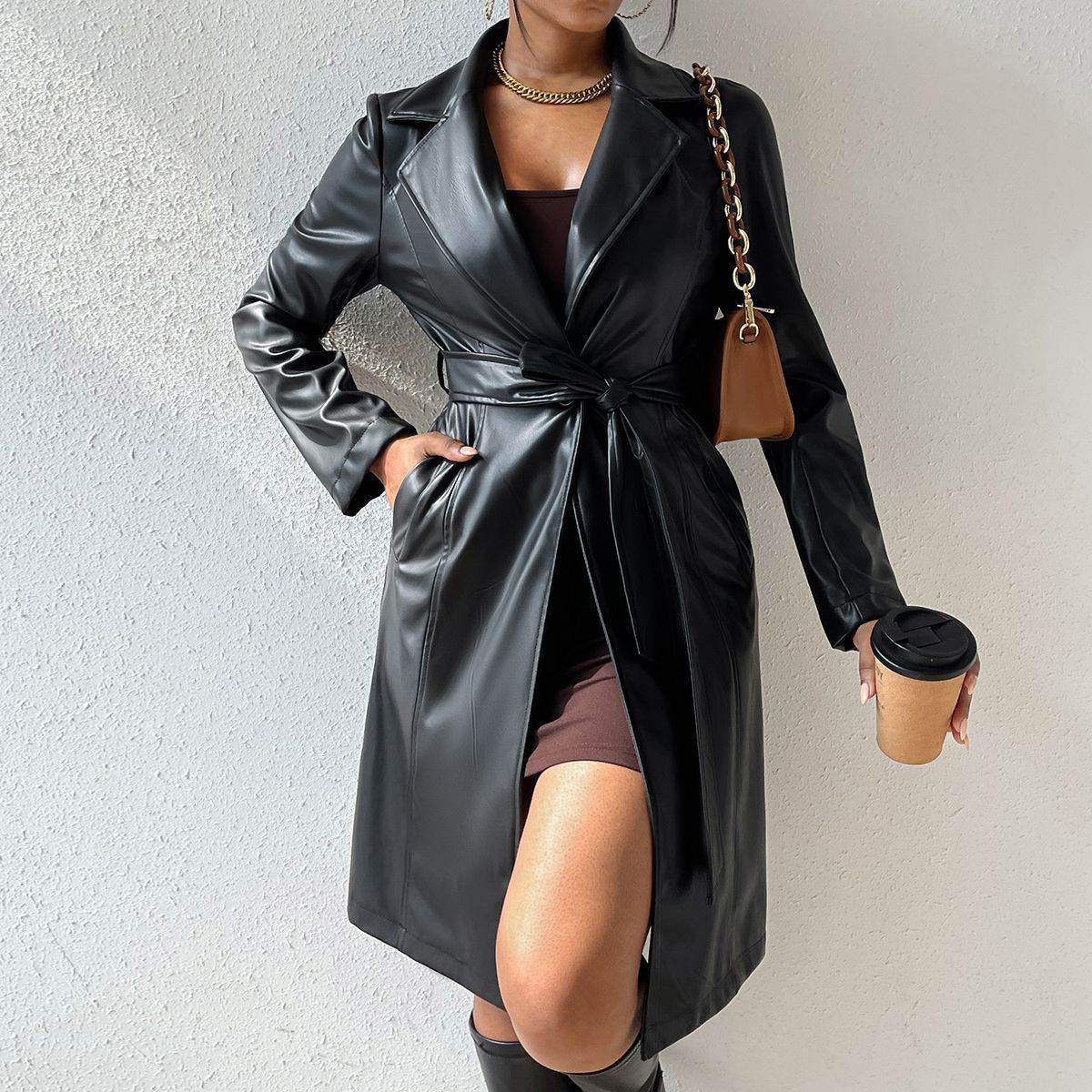 Long Sleeve Lapel PU Leather Jacket With Pockets Slim Fit Long Trench Coat Women's Clothing - Velora