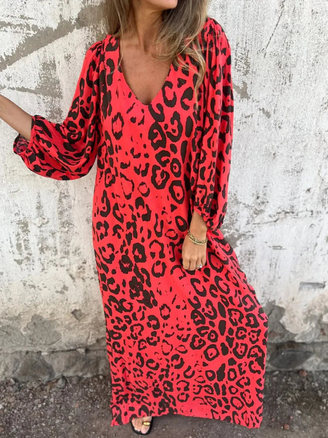 Full Size Printed V-Neck Dress with Pockets Plus Size - Velora