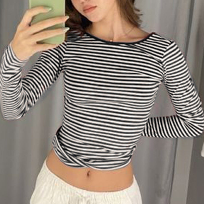 Contrast Color Striped Bare Back All-matching Slim Fit Bottoming Shirt Top