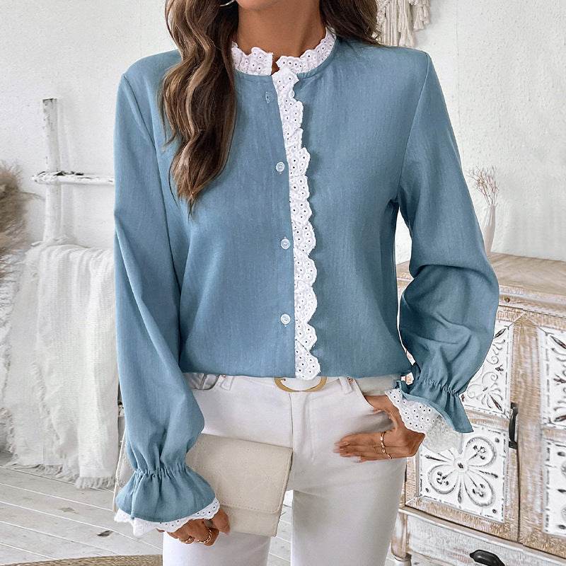 Elegant Single-breasted button Blue Shirt For Women - Velora