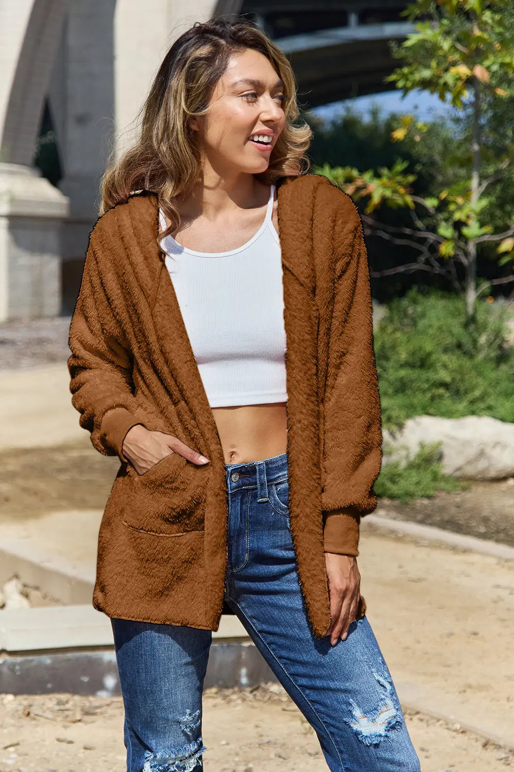 Full Size Teddy Hooded Jacket with Pockets - Velora
