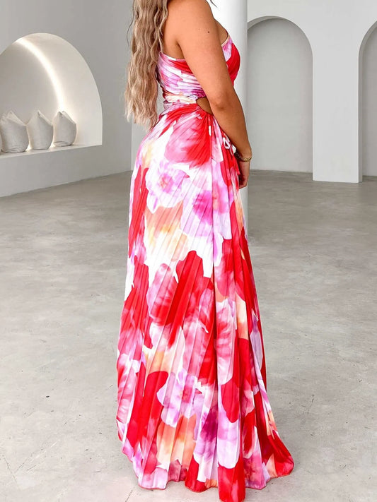Printed One Shoulder Asymmetrical Maxi Dress - Velora