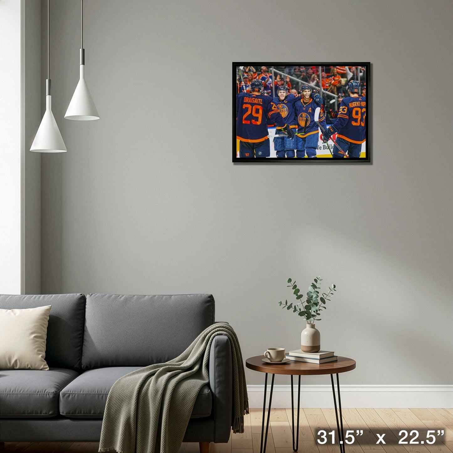 Leon Draisaitl, Connor McDavid, Darnell Nurse and Ryan Nugent-Hopkins 20x29 Framed Canvas Oilers Celebration-H