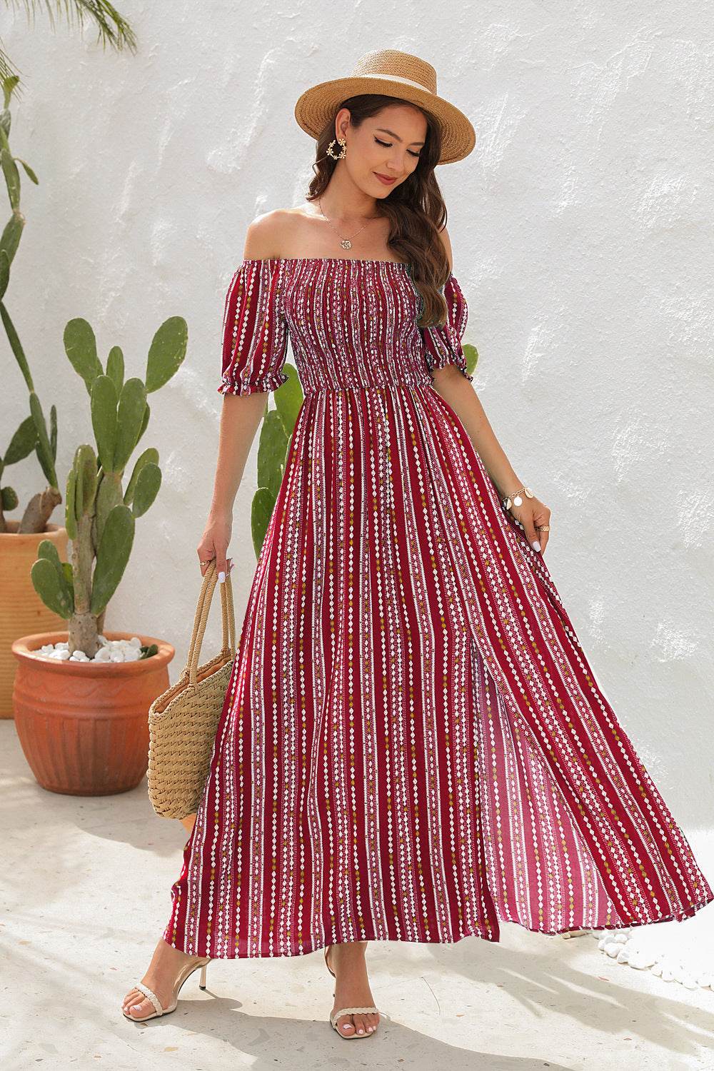 Elegant Off shoulder Spring Summer Maxi dress Slit Chiffon maxi dress for Beach vacation resort travel - Velora
