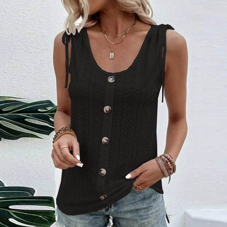 Casual summer U-neck Vest Women Shoulder With Bow Tie Summer blouse top - Velora