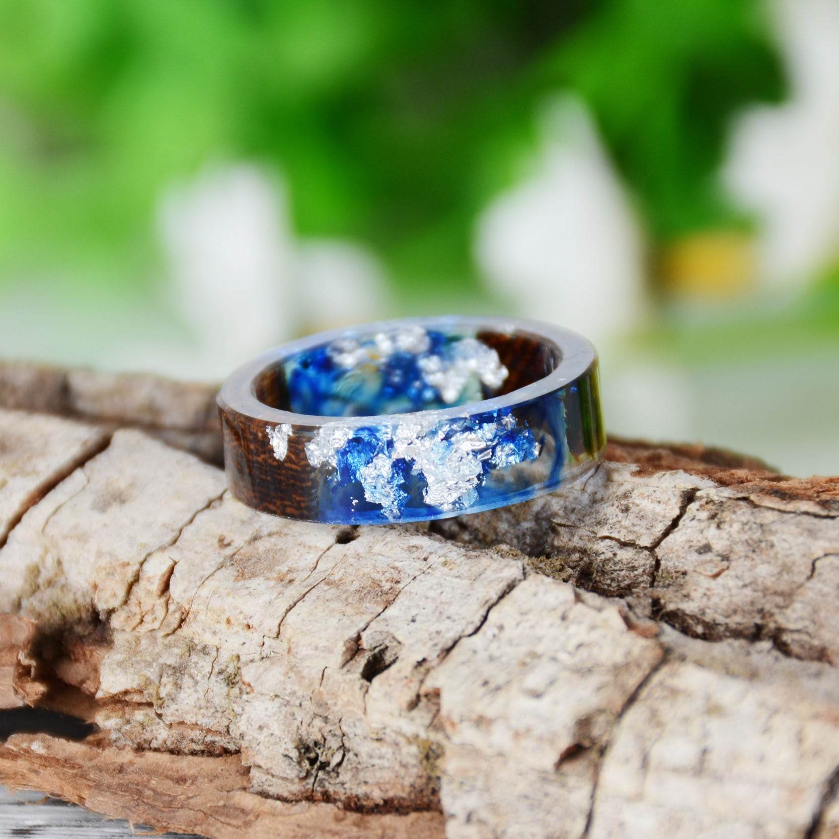 Handmade DIY romantic dry flower Real wood resin ring gold / silver paper inside ring women wedding party ring gifts for the lover - Velora