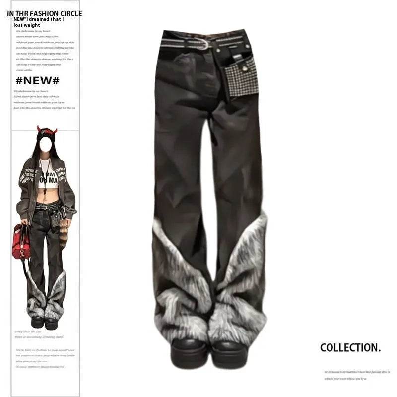 Retro Distressed Pants Leg Stitching Edging Skinny Baggy Jeans Pant For Women - Velora