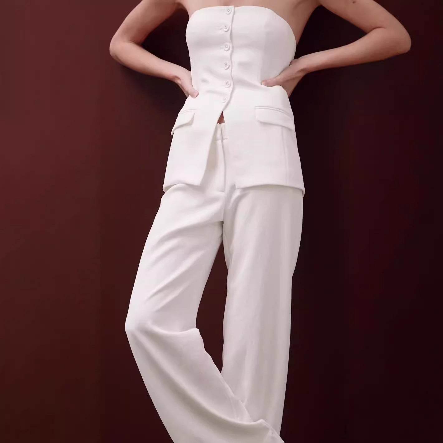 Graceful Tube Top Suit Fashion Button Sleeveless Top And Straight Pants Women's Trousers Set - Velora