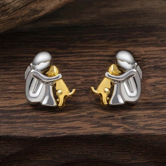 Fashion Jewelry Little Girl And Dog Hug Ear Studs - Velora