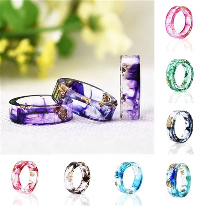 New dried flower resin ring Sen Xiao small handmade flower gold foil color Epoxy ring - Velora