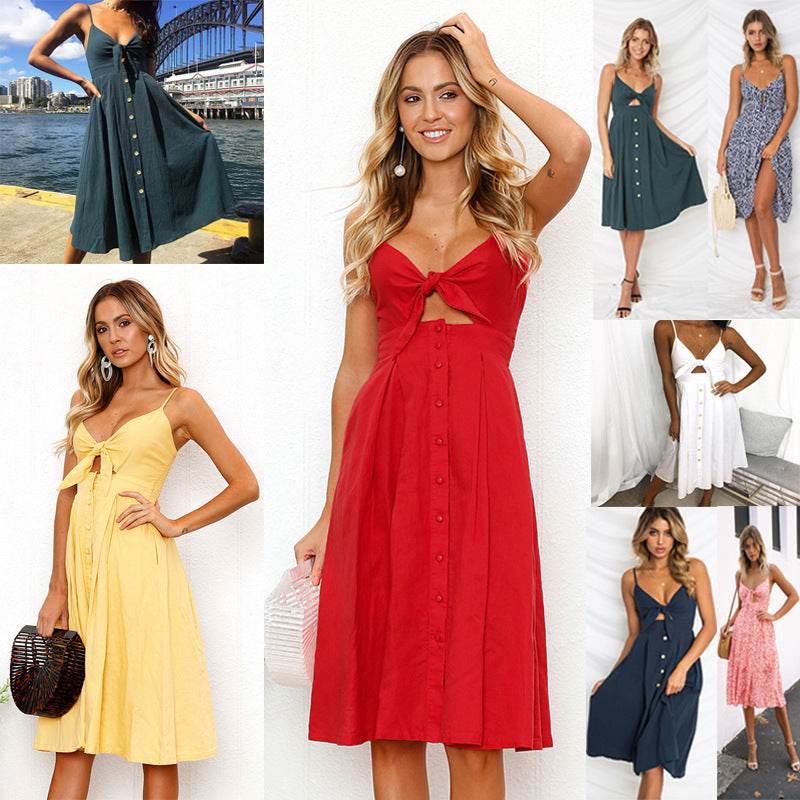 Women Summer cocktail dresses Spaghetti strap Midi Vacation Resort Sundress - Velora