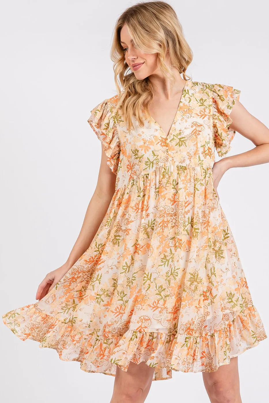 Mittoshop Floral Chiffon Ruffle Short Sleeve Mini Dress - Velora