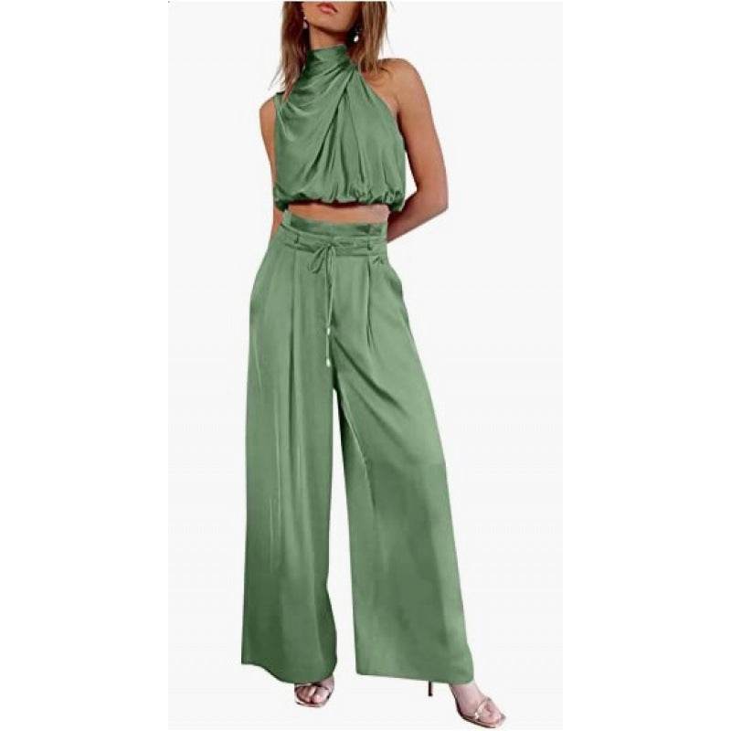 Summer Suits Casual Sleeveless Midriff-baring Top And Wide Leg Pants 2pcs Set Womens Clothing - Velora