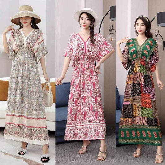 Cotton Silk Floral Dress Women's Summer Ethnic Style V-neck Short Sleeve Pastoral Style Skirt - Velora