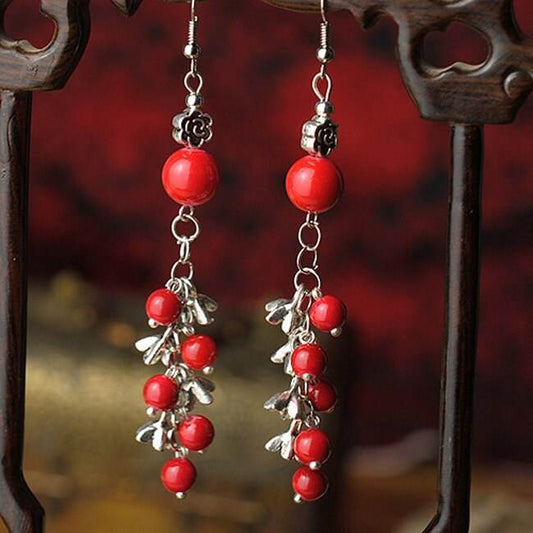 Ethnic Style Jewelry Red Pearl Seedling Silver Beaded Earrings - Velora