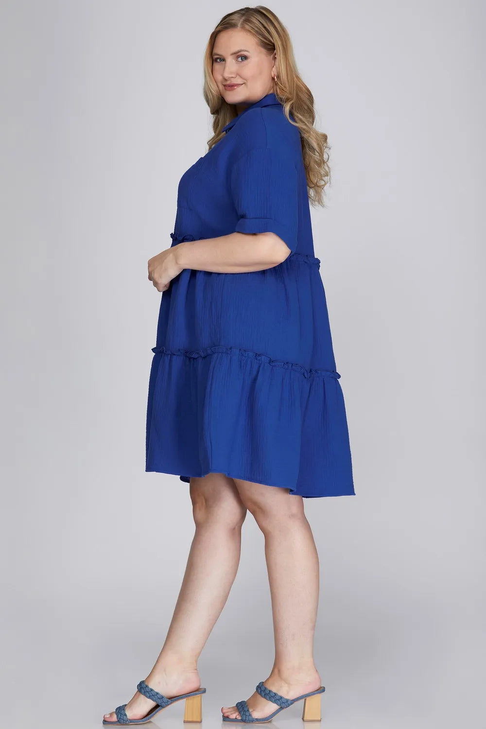 She + Sky Full Size Button Front Frill Tiered Mini Dress Plus Size - Velora