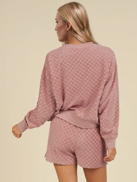 Oh Checkered Round Neck Long Sleeve Top and Shorts Set - Velora
