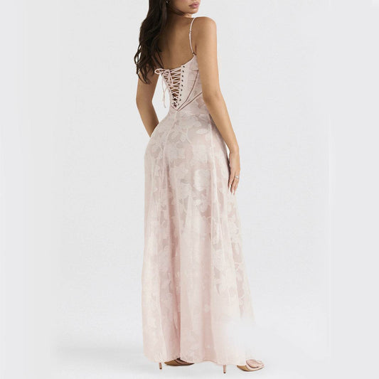 Sexy Flowers Lace Suspender Dress Summer Fashion Slim Back Lace-up Long Dresses Party Evening Club Clothing For Women - Velora